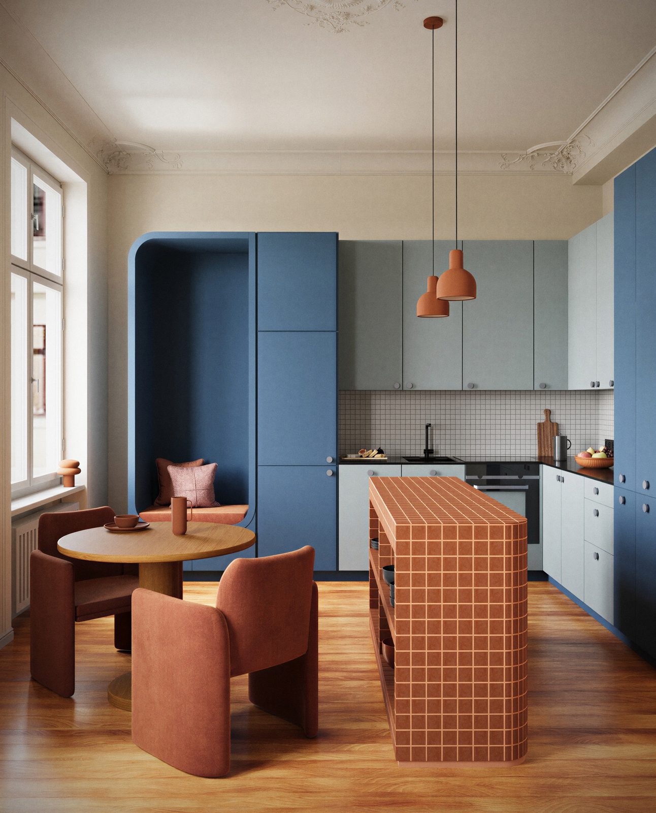 Interior visualization of a contemporary kitchen with natural materials
