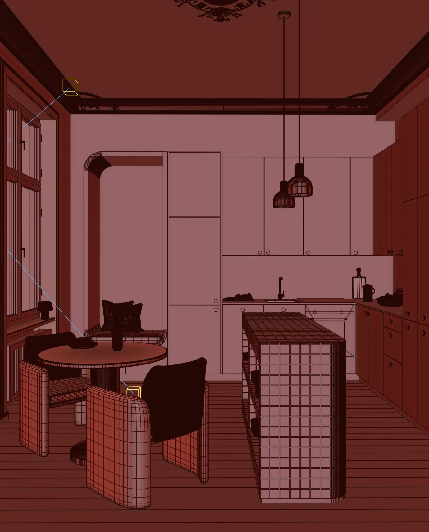 Red clay and wireframe stage