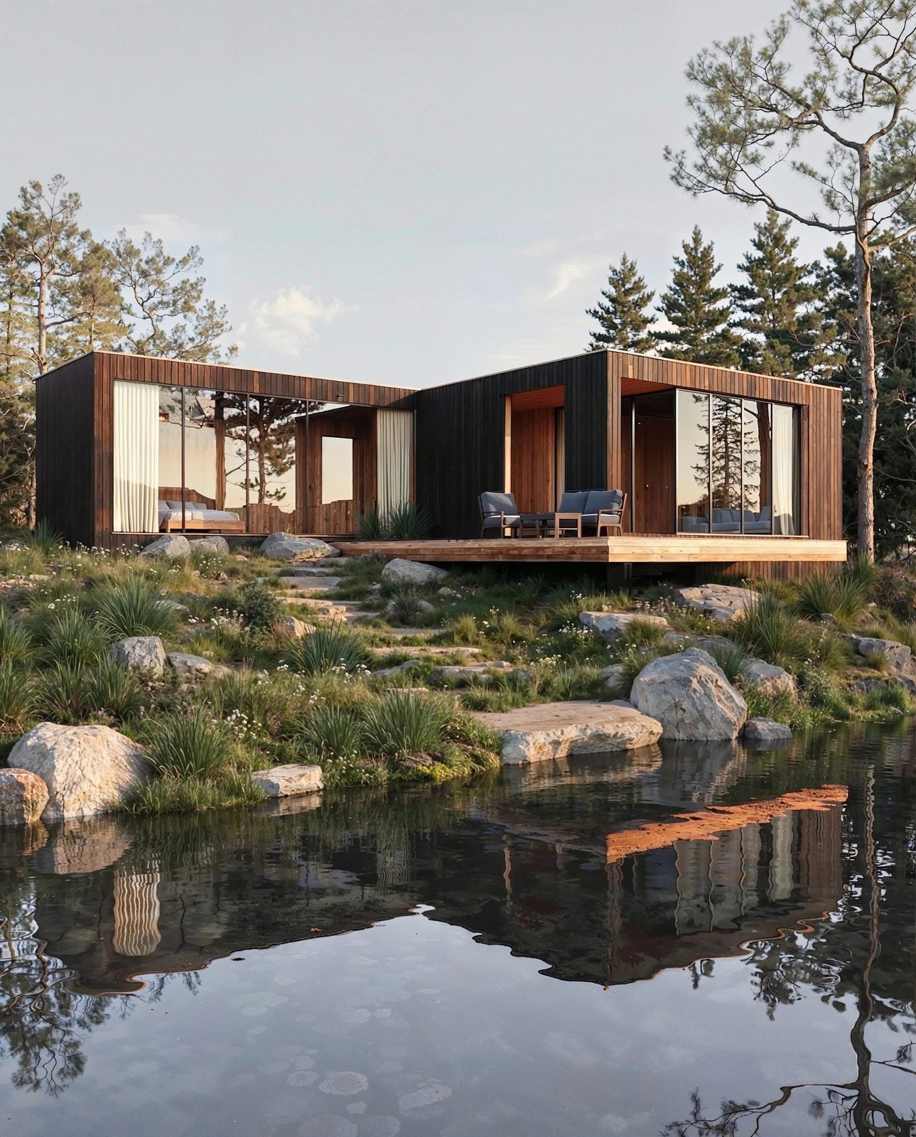 Exterior visualization of a Scandinavian timber summer house set among pine trees