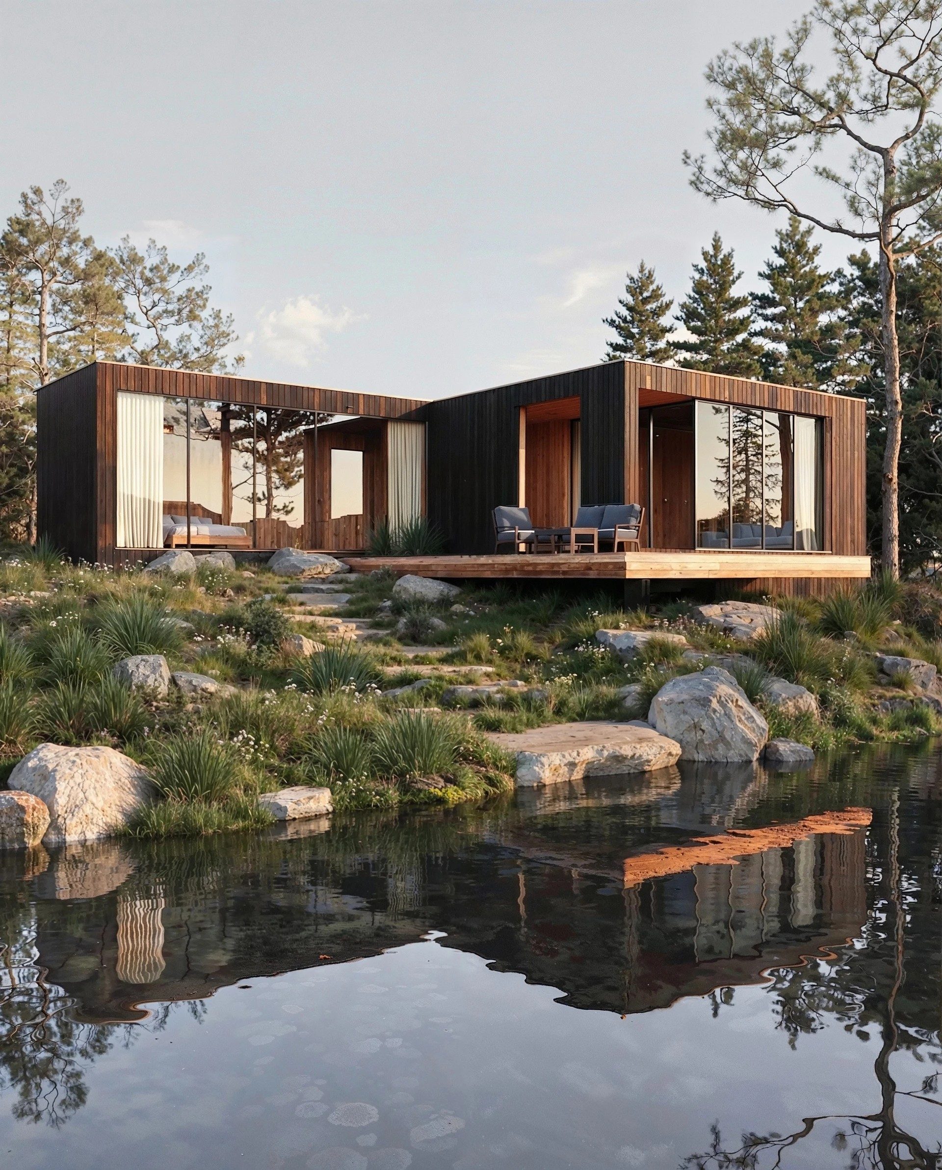 Exterior visualization of a Scandinavian timber summer house among pine trees at golden hour